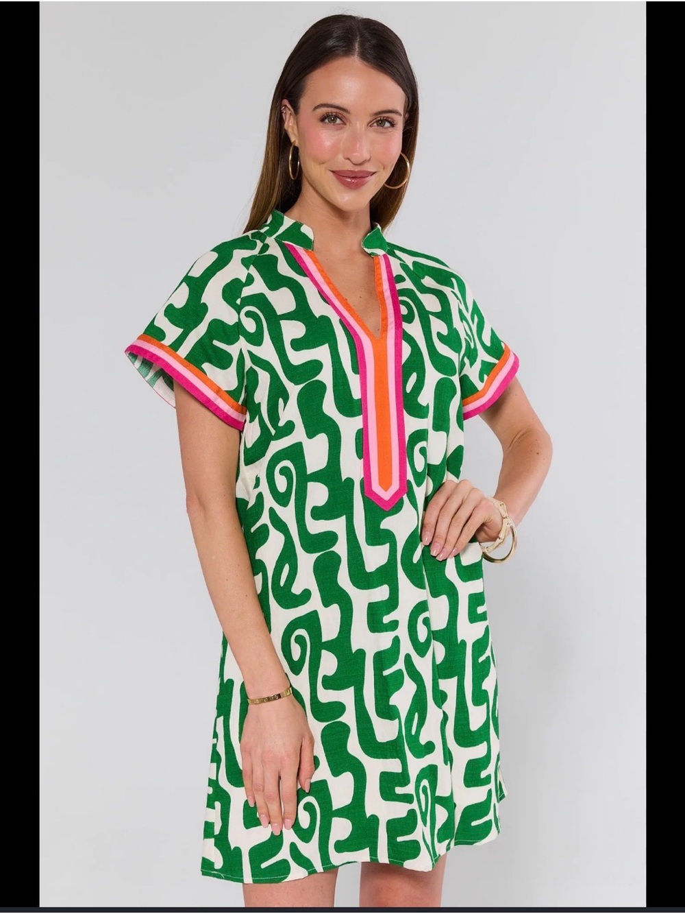 NWT THML Georgette Green and White Graphic Shift Dress with Pink Accent